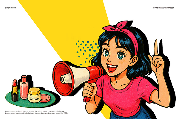 PSD 여자 일러스트 한명 웃음 들기 성인 뷰티 확성기 립스틱 가리킴 머리띠 팔레트 복고 스프레이 카툰스타일 수분크림 성인여자한명만 국내일러스트 1 장신구 모션 표정 사람 손짓 화장품 여자한명만 성인여자만 파일형식