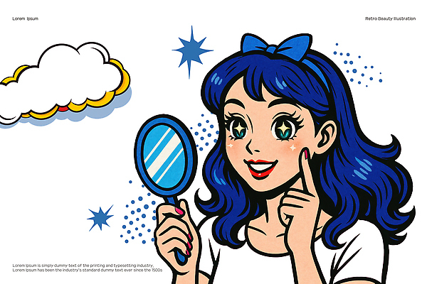 PSD 구름 여자 일러스트 한명 웃음 들기 성인 파란색 반짝임 뷰티 가리킴 머리띠 복고 손거울 카툰스타일 성인여자한명만 국내일러스트 자연요소 1 컬러 장신구 모션 표정 사람 손짓 거울 여자한명만 성인여자만 파일형식