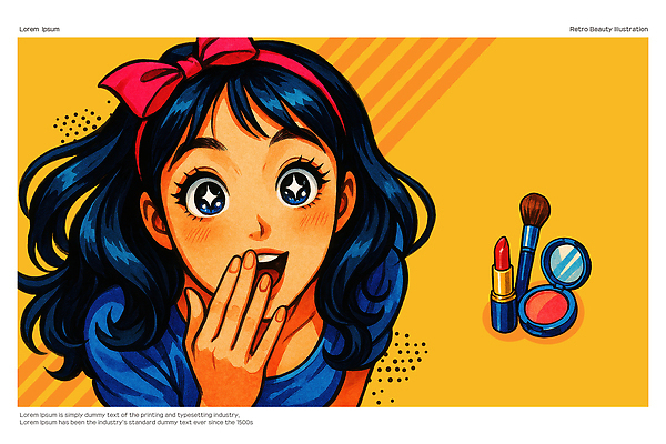 PSD 여자 일러스트 한명 웃음 성인 뷰티 노란색 놀람 립스틱 머리띠 팔레트 볼터치 복고 카툰스타일 메이크업브러쉬 성인여자한명만 국내일러스트 1 감정 컬러 장신구 표정 사람 화장 화장품 붓 여자한명만 성인여자만 파일형식
