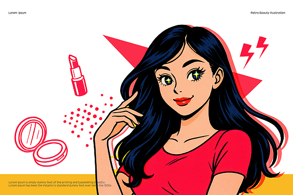 PSD 여자 일러스트 한명 웃음 성인 빨간색 뷰티 립스틱 복고 카툰스타일 다홍색 번개모양 팩트 성인여자한명만 국내일러스트 모양 1 컬러 표정 사람 화장품 번개 여자한명만 성인여자만 파일형식