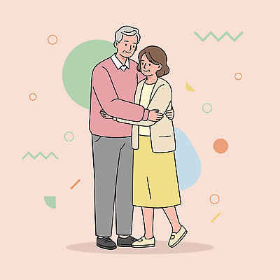 전신 부부 여자 노년 남자 분홍색 중년 일러스트 포옹 서기 미소 두명 국내일러스트 AI파일 커플 컬러 안기 모션 표정 사람 성인 파일형식 벡터