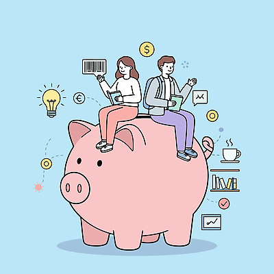 전신 여자 남자 분홍색 말풍선 일러스트 전구 그래프 선반 책가방 미소 들기 앉기 성인 두명 책 파란색 손들기 달러 동전 돼지저금통 머그컵 유로 수증기 바코드 성인만 국내일러스트 AI파일 컬러 가구 돈 가방 모션 표정 사람 컵 저금통 파일형식 벡터