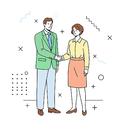 전신 여자 남자 일러스트 악수 서기 미소 정장 성인 두명 비즈니스맨 비즈니스우먼 성인만 국내일러스트 AI파일 옷 비즈니스 모션 표정 사람 손짓 직장인 파일형식 벡터