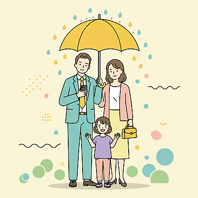 전신 여자 남자 어린이 일러스트 우산 가족 서기 미소 들기 정장 소녀 성인 세명 스마트폰 노란색 손들기 빗방울 국내일러스트 AI파일 옷 컬러 관계 모션 표정 사람 핸드폰 스마트기기 비_날씨 파일형식 벡터