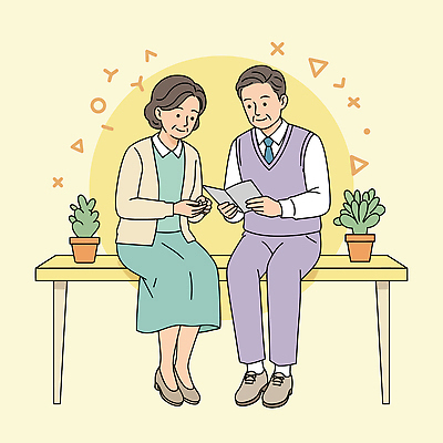 전신 여자 남자 화분 종이 중년 벤치 일러스트 미소 들기 앉기 두명 노란색 중년만 국내일러스트 AI파일 컬러 의자 모션 표정 사람 성인 성인만 파일형식 벡터