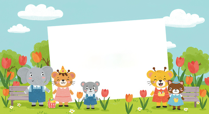 JPG 나무 구름 꽃밭 벤치 일러스트 곰 하늘 의인화 잔디 사람없음 친구 봄 튤립 기린 고양이캐릭터 코끼리캐릭터 카피스페이스 국내일러스트 AI일러스트 AI콘텐츠 자연요소 식물 동물 계절 꽃 동물캐릭터 의자 포유류 관계 코끼리 고양이 공백 파일형식