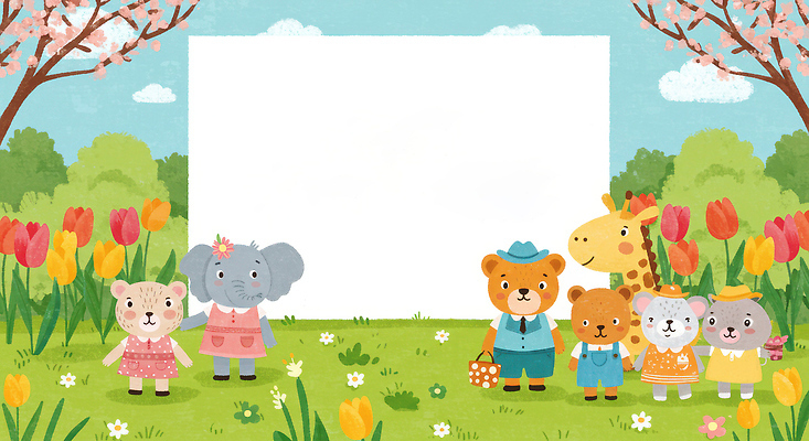 JPG 나무 구름 모자 동물캐릭터 꽃밭 가방 일러스트 하늘 의인화 들기 잔디 사람없음 친구 고양이 봄 튤립 기린 곰캐릭터 코끼리캐릭터 표범 카피스페이스 국내일러스트 일러캐릭터 AI일러스트 AI콘텐츠 자연요소 식물 동물 캐릭터 잡화 계절 꽃 곰 포유류 관계 모션 코끼리 반려동물 공백 파일형식