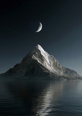 JPG 편집이미지 호수 야경 밤하늘 산 풍경 사람없음 반사 검은색 어둠 달빛 몽환 편집실사 AI컴퓨터그래픽 AI콘텐츠 컬러 컨셉 하늘 달 야간 CG 파일형식 풍경_경치