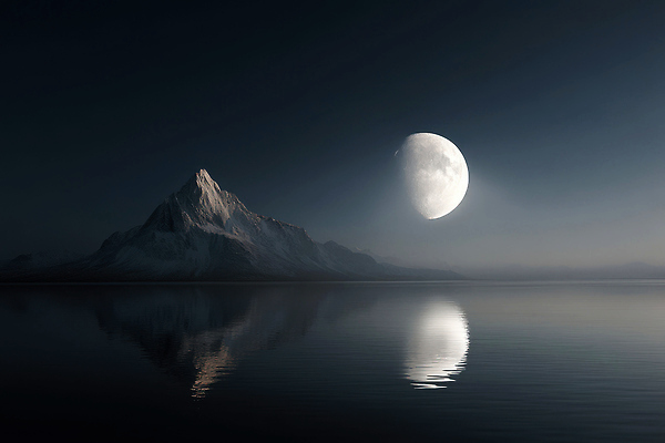 JPG 편집이미지 호수 야경 밤하늘 산 풍경 사람없음 반사 검은색 어둠 달빛 몽환 편집실사 AI컴퓨터그래픽 AI콘텐츠 컬러 컨셉 하늘 달 야간 CG 파일형식 풍경_경치