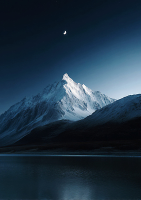 JPG 편집이미지 호수 야경 밤하늘 산 풍경 사람없음 검은색 어둠 달빛 몽환 편집실사 AI컴퓨터그래픽 AI콘텐츠 컬러 컨셉 하늘 달 야간 CG 파일형식 풍경_경치