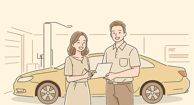 여자 남자 일러스트 자동차 미소 들기 성인 두명 펜 문서 자동차사고 베이지색 보험설계사 자동차보험 정비소 성인만 국내일러스트 AI파일 직업 육상교통 컬러 모션 표정 사람 필기구 교통사고 보험 파일형식 벡터