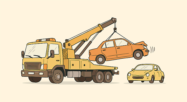 일러스트 자동차 들기 사람없음 노란색 견인 자동차사고 찌그러짐 견인차 자동차보험 국내일러스트 AI파일 육상교통 컬러 컨셉 모션 교통사고 특수차량 보험 파일형식 벡터