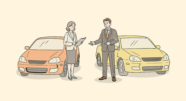 전신 여자 남자 일러스트 자동차 대화 협상 미소 들기 정장 성인 두명 손들기 문서 자동차사고 베이지색 자동차보험 성인만 국내일러스트 AI파일 옷 육상교통 컬러 비즈니스 모션 표정 말하기 사람 교통사고 보험 파일형식 벡터