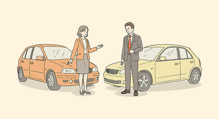 전신 여자 남자 일러스트 자동차 대화 협상 미소 정장 성인 두명 손들기 가리킴 자동차사고 베이지색 자동차보험 성인만 국내일러스트 AI파일 옷 육상교통 컬러 비즈니스 모션 표정 말하기 사람 손짓 교통사고 보험 파일형식 벡터