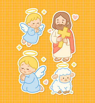 전신 여자 남자 기독교 어린이 새끼 십자가 스티커 일러스트 미소 들기 앉기 소녀 소년 상반신 성인 세명 반짝임 노란색 눈감음 기도 하트 양 예수 무릎꿇기 천사날개 엘리먼트 국내일러스트 천사링 AI파일 모양 동물 종교 컬러 날개 포유류 모션 천사 표정 사람 신_종교 파일형식 벡터