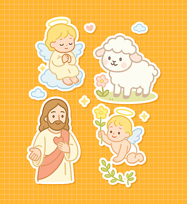 전신 구름 여자 남자 꽃 기독교 어린이 새끼 스티커 잎 일러스트 미소 들기 앉기 소녀 잔디 상반신 성인 세명 반짝임 노란색 손들기 눈감음 기도 하트 아기 양 예수 손내밀기 천사날개 엘리먼트 국내일러스트 천사링 AI파일 자연요소 모양 식물 동물 종교 컬러 날개 포유류 모션 천사 표정 사람 손짓 신_종교 파일형식 벡터