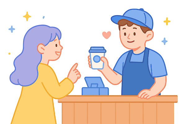 여자 남자 일러스트 미소 들기 상반신 성인 두명 반짝임 앞치마 카페 하트 계산대 고객 직원 아르바이트 캡모자 테이크아웃컵 포스기 성인만 국내일러스트 AI파일 모양 모자_잡화 모션 표정 사람 컵 상점 기계 파일형식 벡터