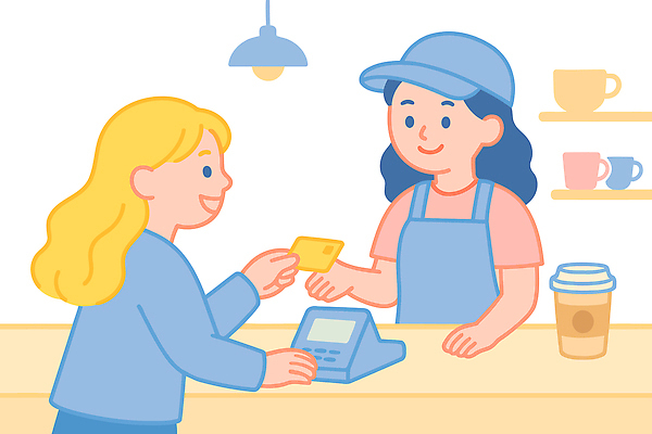 여자 일러스트 조명 선반 미소 들기 상반신 성인 두명 앞치마 카페 머그컵 신용카드 계산대 고객 직원 주기 아르바이트 캡모자 테이크아웃컵 포스기 성인여자만 국내일러스트 AI파일 모자_잡화 가구 모션 표정 사람 컵 금융 상점 기계 여자만 성인만 파일형식 벡터