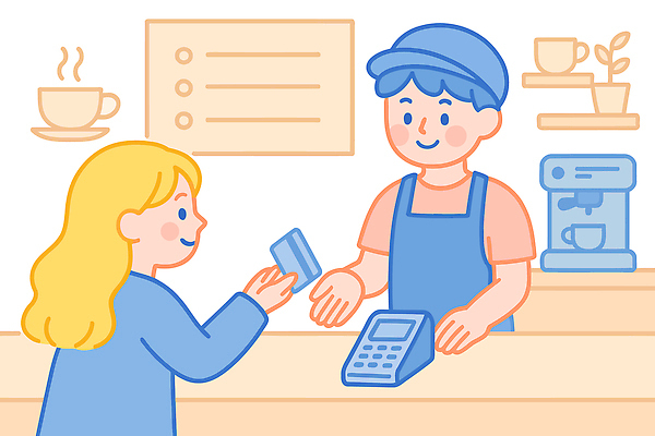 여자 남자 화분 일러스트 선반 미소 들기 상반신 성인 두명 앞치마 카페 머그컵 신용카드 커피메이커 계산대 고객 직원 주기 메뉴판 아르바이트 캡모자 테이크아웃컵 포스기 성인만 국내일러스트 AI파일 모자_잡화 가구 모션 표정 사람 컵 금융 상점 기계 커피용품 파일형식 벡터
