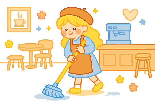 전신 여자 꽃 액자 의자 일러스트 탁자 한명 미소 성인 반짝임 눈감음 앞치마 카페 하트 밀기 커피메이커 직원 닦기 베레모 아르바이트 대걸레 성인여자한명만 국내일러스트 AI파일 모양 식물 모자_잡화 1 가구 모션 표정 사람 상점 청소도구 커피용품 여자한명만 성인여자만 파일형식 벡터