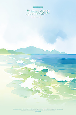 PSD 구름 물결 바다 하늘색 일러스트 자연 하늘 수채화 산 해변 사람없음 평화 여름풍경 국내일러스트 자연요소 컨셉 풍경 파란색 생태계 파일형식 여름_계절