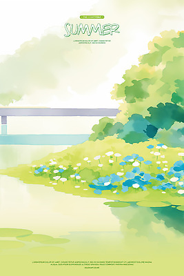 PSD 구름 꽃 일러스트 자연 하늘 수채화 사람없음 연두색 평화 여름풍경 풀 강가 연잎 돌다리 국내일러스트 자연요소 식물 컨셉 잎 풍경 초록색 강 다리_건축물 생태계 파일형식 여름_계절