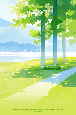 PSD 꽃 길 일러스트 자연 수채화 산 초원 사람없음 연두색 평화 여름풍경 강가 나무그늘 국내일러스트 나무 식물 컨셉 풍경 초록색 강 그늘 생태계 파일형식 여름_계절