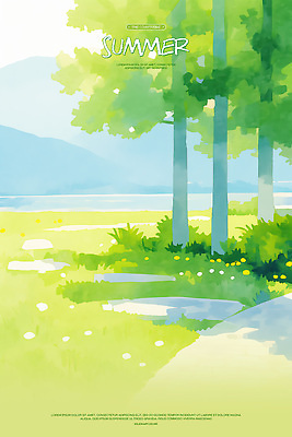 PSD 꽃 길 일러스트 자연 수채화 산 초원 사람없음 연두색 평화 여름풍경 풀 강가 나무그늘 국내일러스트 나무 식물 컨셉 풍경 초록색 강 그늘 생태계 파일형식 여름_계절