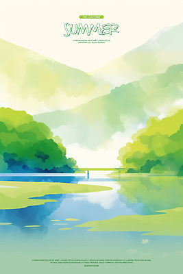 PSD 일러스트 자연 수채화 산 사람없음 연두색 평화 여름풍경 안개 풀 강가 가교 국내일러스트 식물 건축물 컨셉 날씨 풍경 초록색 강 생태계 파일형식 여름_계절