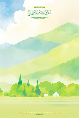 PSD 나무 구름 일러스트 자연 하늘 수채화 산 주택 초원 사람없음 연두색 평화 여름풍경 국내일러스트 자연요소 식물 컨셉 풍경 건물 초록색 생태계 파일형식 여름_계절