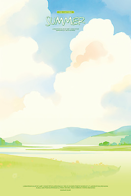 PSD 구름 일러스트 자연 하늘 수채화 산 초원 사람없음 연두색 평화 여름풍경 국내일러스트 자연요소 컨셉 풍경 초록색 생태계 파일형식 여름_계절