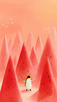 JPG 일러스트 하늘 팔벌리기 그림자 사람없음 빨간색 여름 펭귄 새떼 수박씨 수박조각 산맥 국내일러스트 AI일러스트 AI콘텐츠 계절 컬러 조각 모션 조류 산 수박 씨앗 파일형식