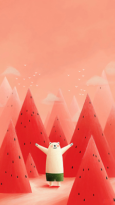 JPG 일러스트 하늘 팔벌리기 그림자 사람없음 빨간색 여름 북극곰 수박씨 수박조각 산맥 국내일러스트 AI일러스트 AI콘텐츠 계절 컬러 조각 곰 모션 산 수박 씨앗 파일형식