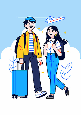 전신 구름 커플 여자 남자 행복 해외여행 일러스트 하늘 휴가 비행기 미소 성인 두명 파란색 반짝임 캐리어 잡기 즐거움 백팩 캡모자 성인만 국내일러스트 AI파일 자연요소 모자_잡화 해외 감정 컬러 여행 가방 관계 항공교통 모션 대중교통 표정 사람 여행가방 파일형식 벡터