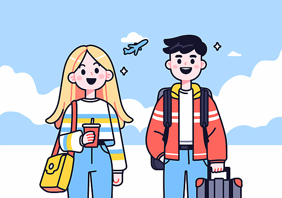 구름 커플 여자 남자 행복 해외여행 일러스트 하늘 휴가 비행기 미소 들기 성인 두명 파란색 반짝임 캐리어 즐거움 주머니손 백팩 테이크아웃컵 성인만 국내일러스트 AI파일 자연요소 해외 감정 컬러 여행 가방 관계 항공교통 모션 대중교통 표정 사람 컵 여행가방 파일형식 벡터