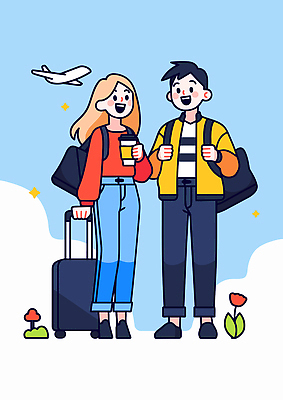 전신 구름 커플 여자 남자 꽃 행복 해외여행 잎 일러스트 하늘 휴가 비행기 미소 들기 성인 두명 파란색 반짝임 캐리어 잡기 즐거움 백팩 테이크아웃컵 성인만 국내일러스트 AI파일 자연요소 식물 해외 감정 컬러 여행 가방 관계 항공교통 모션 대중교통 표정 사람 컵 여행가방 파일형식 벡터