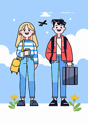 전신 구름 커플 여자 남자 꽃 행복 해외여행 잎 일러스트 하늘 휴가 비행기 미소 들기 성인 두명 파란색 반짝임 즐거움 백팩 테이크아웃컵 성인만 국내일러스트 AI파일 자연요소 식물 해외 감정 컬러 여행 가방 관계 항공교통 모션 대중교통 표정 사람 컵 파일형식 벡터