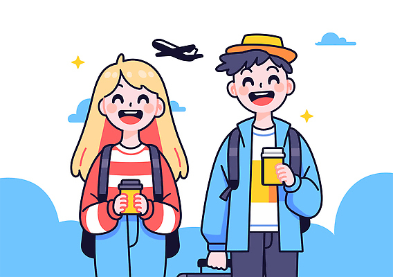구름 모자 커플 여자 남자 행복 해외여행 일러스트 하늘 휴가 비행기 미소 들기 성인 두명 파란색 반짝임 즐거움 백팩 테이크아웃컵 성인만 국내일러스트 AI파일 자연요소 해외 잡화 감정 컬러 여행 가방 관계 항공교통 모션 대중교통 표정 사람 컵 파일형식 벡터
