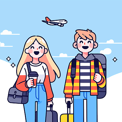 구름 커플 여자 남자 행복 해외여행 일러스트 하늘 휴가 비행기 미소 들기 성인 두명 파란색 반짝임 캐리어 잡기 즐거움 백팩 테이크아웃컵 성인만 국내일러스트 AI파일 자연요소 해외 감정 컬러 여행 가방 관계 항공교통 모션 대중교통 표정 사람 컵 여행가방 파일형식 벡터