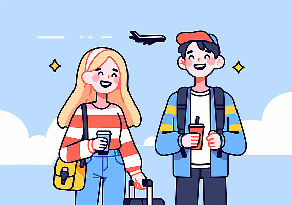 구름 커플 여자 남자 행복 해외여행 일러스트 하늘 휴가 비행기 미소 들기 성인 두명 반짝임 캐리어 잡기 즐거움 백팩 캡모자 테이크아웃컵 성인만 일러캐릭터 AI파일 자연요소 캐릭터 모자_잡화 해외 감정 여행 가방 관계 항공교통 모션 대중교통 표정 사람 컵 여행가방 파일형식 벡터