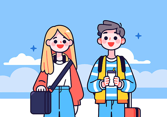 구름 커플 여자 남자 행복 해외여행 일러스트 하늘 휴가 미소 들기 성인 두명 반짝임 캐리어 즐거움 백팩 테이크아웃컵 성인만 일러캐릭터 AI파일 자연요소 캐릭터 해외 감정 여행 가방 관계 모션 표정 사람 컵 여행가방 파일형식 벡터