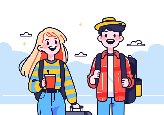 구름 모자 커플 여자 남자 행복 해외여행 일러스트 하늘 휴가 미소 들기 성인 두명 반짝임 캐리어 잡기 즐거움 백팩 테이크아웃컵 성인만 일러캐릭터 AI파일 자연요소 캐릭터 해외 잡화 감정 여행 가방 관계 모션 표정 사람 컵 여행가방 파일형식 벡터