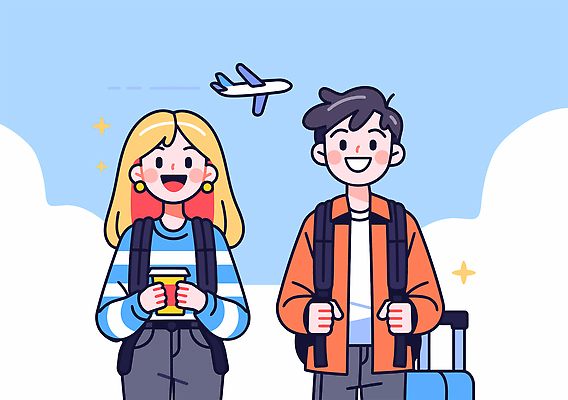 구름 커플 여자 남자 행복 해외여행 일러스트 하늘 휴가 비행기 미소 들기 성인 두명 반짝임 캐리어 잡기 즐거움 백팩 테이크아웃컵 성인만 일러캐릭터 AI파일 자연요소 캐릭터 해외 감정 여행 가방 관계 항공교통 모션 대중교통 표정 사람 컵 여행가방 파일형식 벡터