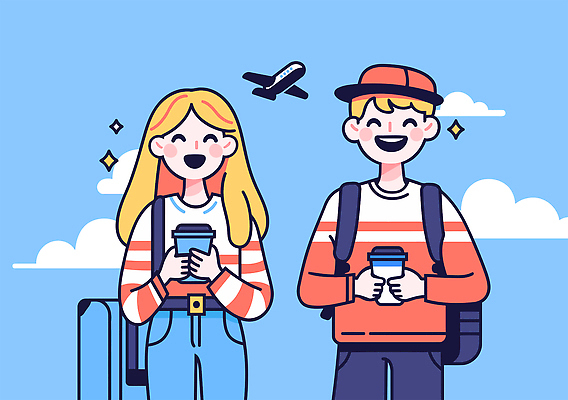 구름 모자 커플 여자 남자 행복 해외여행 일러스트 하늘 휴가 비행기 미소 들기 성인 두명 반짝임 캐리어 즐거움 백팩 테이크아웃컵 성인만 일러캐릭터 AI파일 자연요소 캐릭터 해외 잡화 감정 여행 가방 관계 항공교통 모션 대중교통 표정 사람 컵 여행가방 파일형식 벡터