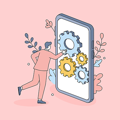 전신 남자 분홍색 잎 일러스트 모바일 한명 성인 라이프 스마트폰 달리기 톱니바퀴 얼굴없음 성인남자한명만 국내일러스트 AI파일 식물 1 컬러 모션 사람 생활 핸드폰 스마트기기 남자한명만 성인남자만 파일형식 벡터