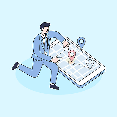 전신 남자 지도 일러스트 모바일 한명 미소 정장 성인 라이프 파란색 스마트폰 가리킴 GPS 성인남자한명만 국내일러스트 AI파일 1 옷 컬러 표정 사람 손짓 생활 핸드폰 스마트기기 남자한명만 성인남자만 파일형식 벡터