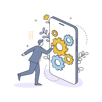 전신 남자 꽃 잎 일러스트 모바일 한명 성인 라이프 파란색 반짝임 스마트폰 달리기 노란색 톱니바퀴 얼굴없음 성인남자한명만 국내일러스트 AI파일 식물 1 컬러 모션 사람 생활 핸드폰 스마트기기 남자한명만 성인남자만 파일형식 벡터