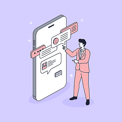 전신 남자 일러스트 모바일 한명 미소 정장 성인 라이프 반짝임 스마트폰 보라색 가리킴 문자메시지 성인남자한명만 국내일러스트 AI파일 1 옷 컬러 모션 표정 사람 손짓 생활 핸드폰 스마트기기 메시지 남자한명만 성인남자만 파일형식 벡터