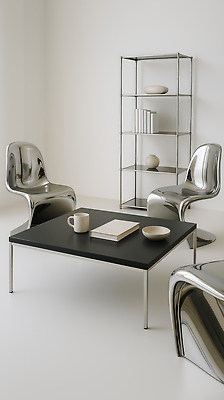 JPG 편집이미지 그릇 의자 탁자 사람없음 책 인테리어 사무실 머그컵 은색 철 모던 심플 장식장 스틸 편집실사 AI포토 AI콘텐츠 식기 디자인 컬러 가구 비즈니스 컵 CG 파일형식