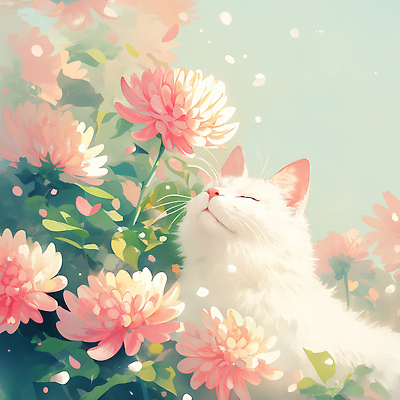 JPG 꽃잎 분홍색 잎 일러스트 봄꽃 자연 휴식 사람없음 평화 눈감음 고양이 봄풍경 힐링 민트색 국내일러스트 AI일러스트 AI콘텐츠 식물 꽃 컬러 컨셉 포유류 모션 풍경 반려동물 봄 생태계 파일형식